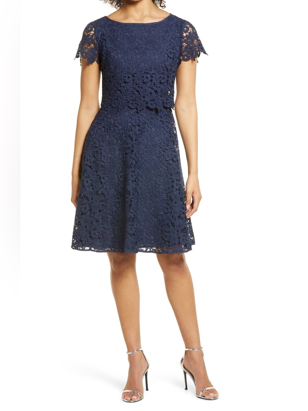 SHANI Popover Lace Fit & Flare Dress in Navy, size 2